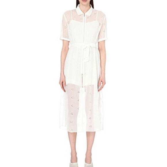 Sandro Ricarda White Eyelet Chiffon Zip Front Sheer Midi Dress Collared Small - Picture 1 of 11